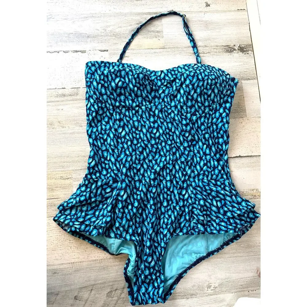 DKNY Womens 14 Blue Peplum One Piece Swimsuit Beach Resort NEW - Picture 2 of 8